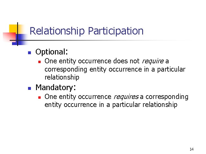 Relationship Participation n Optional: n n One entity occurrence does not require a corresponding
