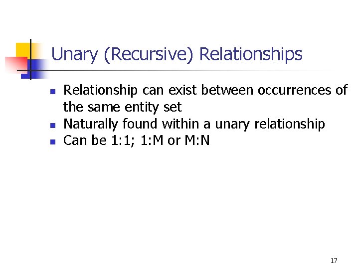 Unary (Recursive) Relationships n n n Relationship can exist between occurrences of the same