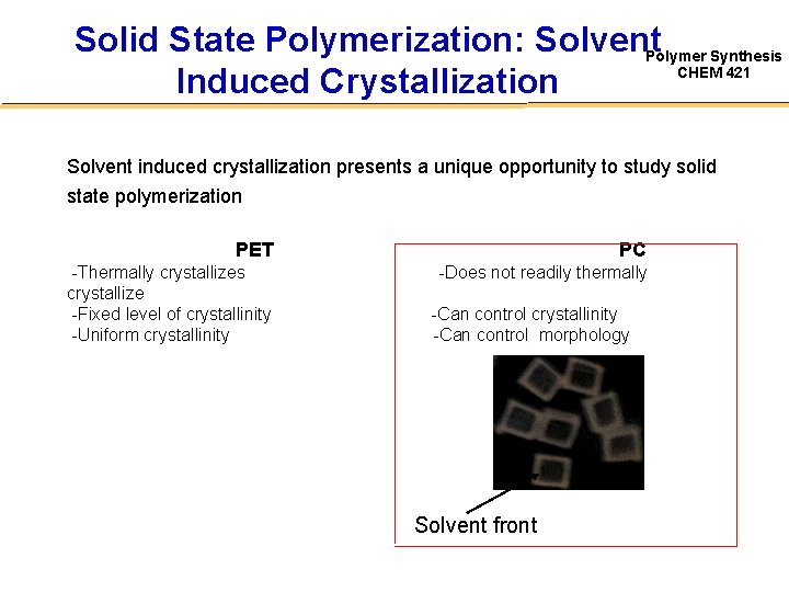 Solid State Polymerization: Solvent. Polymer Synthesis CHEM 421 Induced Crystallization Solvent induced crystallization presents