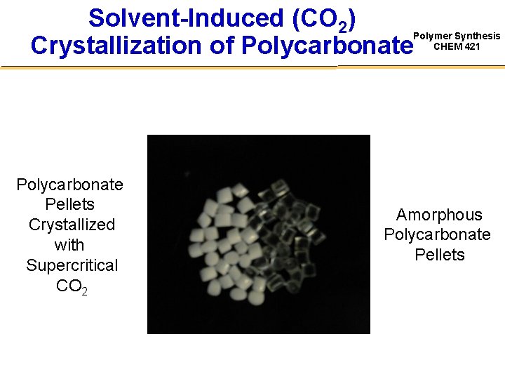 Solvent-Induced (CO 2) Crystallization of Polycarbonate Polymer Synthesis CHEM 421 Polycarbonate Pellets Crystallized with