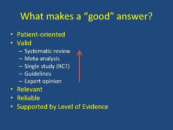 What makes a “good” answer? • Patient-oriented • Valid – Systematic review – Meta-analysis