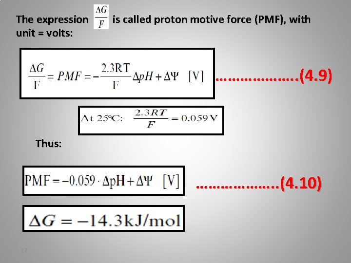 The expression unit = volts: is called proton motive force (PMF), with ………………. .