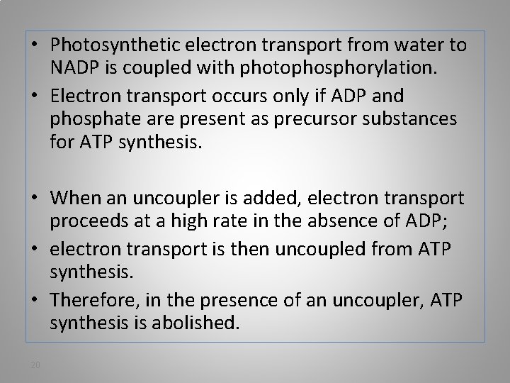  • Photosynthetic electron transport from water to NADP is coupled with photophosphorylation. •