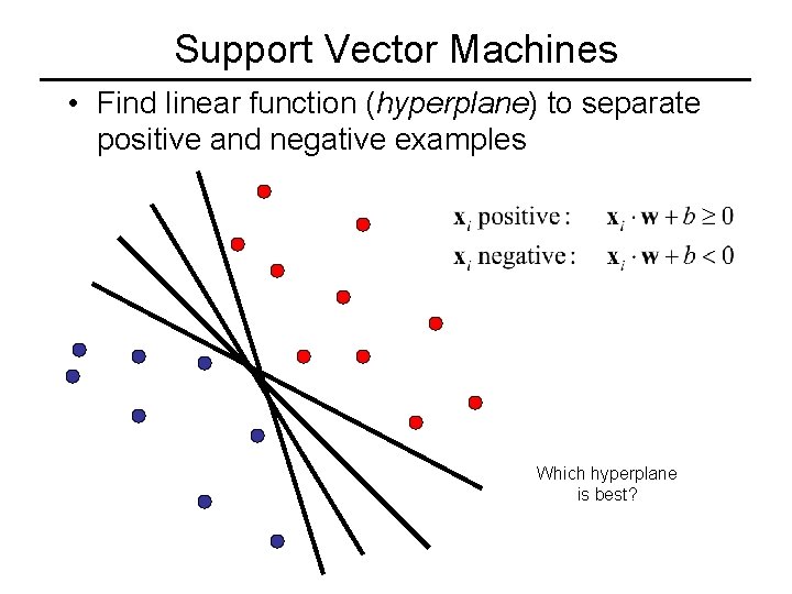 Support Vector Machines • Find linear function (hyperplane) to separate positive and negative examples