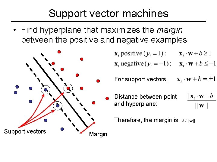 Support vector machines • Find hyperplane that maximizes the margin between the positive and