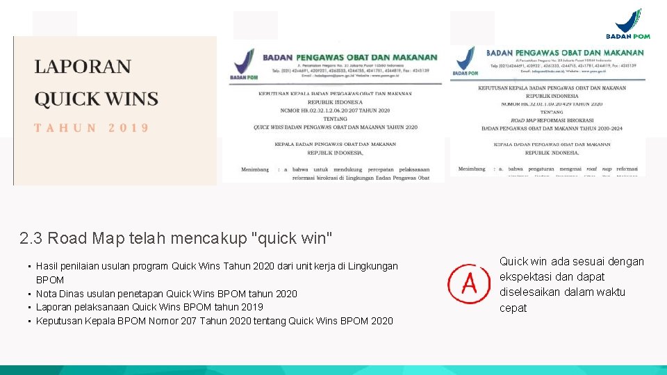 2. 3 Road Map telah mencakup "quick win" • Hasil penilaian usulan program Quick