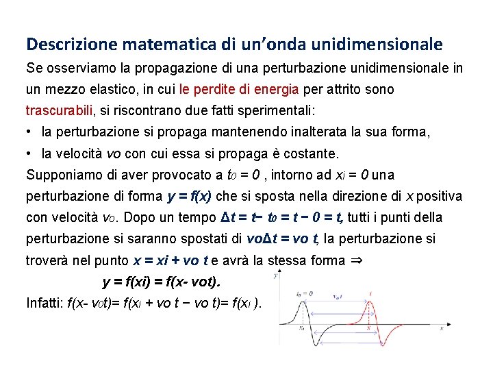 Descrizione matematica di un’onda unidimensionale Se osserviamo la propagazione di una perturbazione unidimensionale in