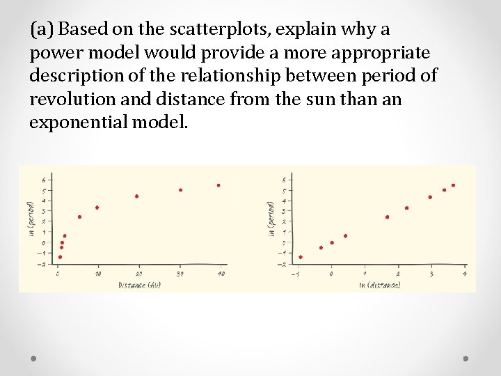 (a) Based on the scatterplots, explain why a power model would provide a more (a) Based on the scatterplots, explain why a power model would provide a more