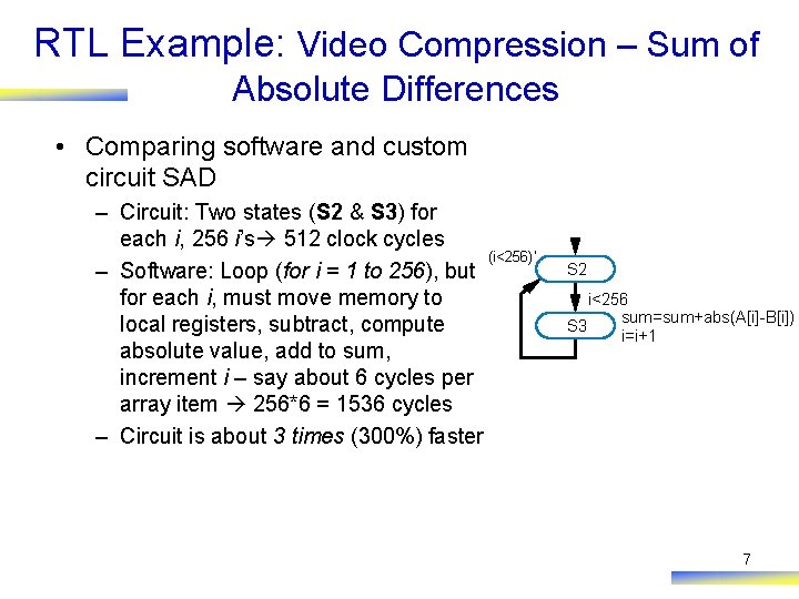 RTL Example: Video Compression – Sum of Absolute Differences • Comparing software and custom RTL Example: Video Compression – Sum of Absolute Differences • Comparing software and custom