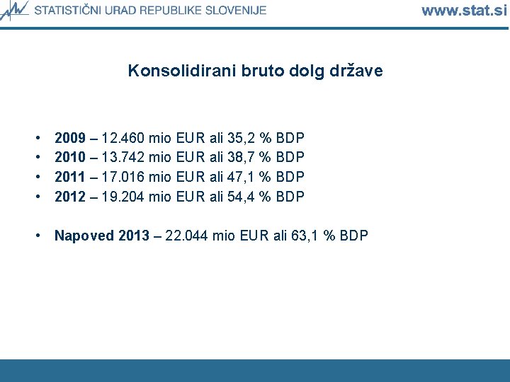 Konsolidirani bruto dolg države • • 2009 – 12. 460 mio EUR ali 35,