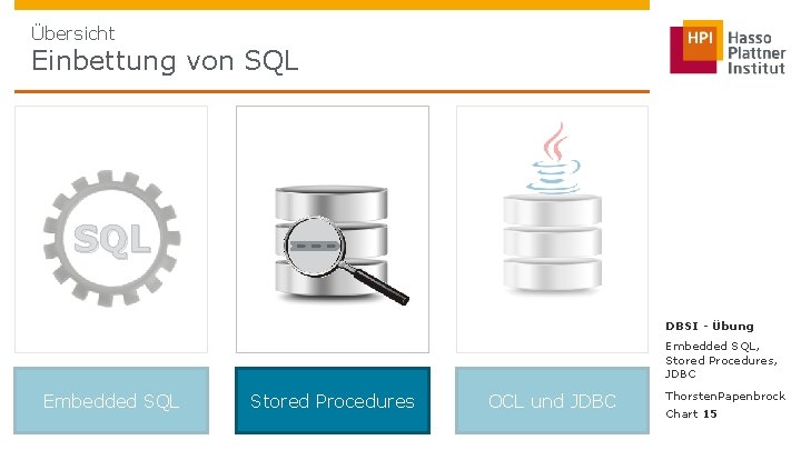 Übersicht Einbettung von SQL DBSI - Übung Embedded SQL, Stored Procedures, JDBC Embedded SQL