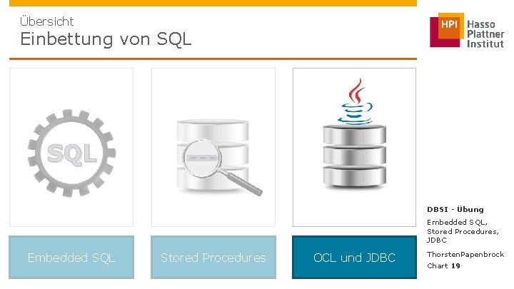 Übersicht Einbettung von SQL DBSI - Übung Embedded SQL, Stored Procedures, JDBC Embedded SQL