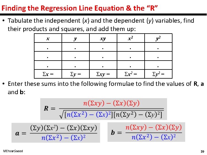 Finding the Regression Line Equation & the “R” • Tabulate the independent (x) and