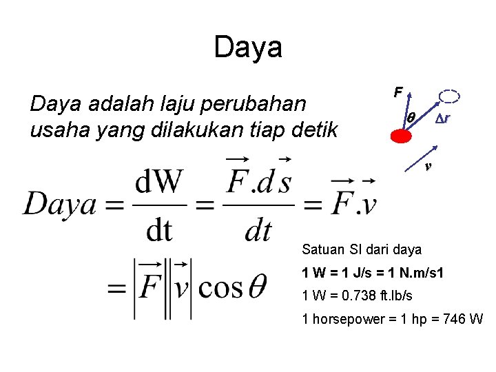 Daya adalah laju perubahan usaha yang dilakukan tiap detik F q r v Satuan