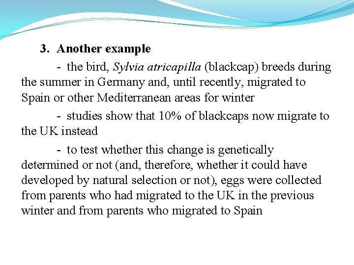 3. Another example - the bird, Sylvia atricapilla (blackcap) breeds during the summer in