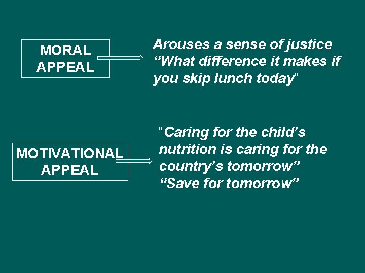 MORAL APPEAL MOTIVATIONAL APPEAL Arouses a sense of justice “What difference it makes if
