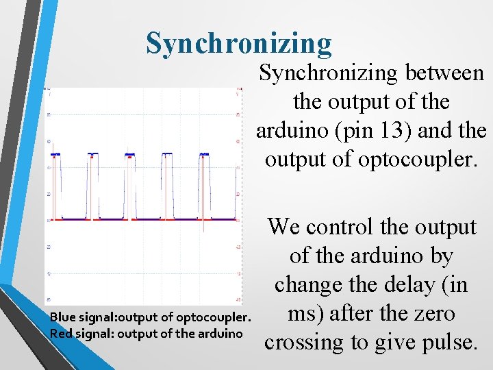 Synchronizing between the output of the arduino (pin 13) and the output of optocoupler.