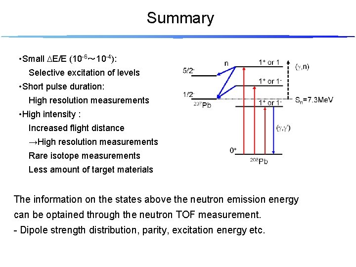 Summary • Small DE/E (10 -6～ 10 -4): Selective excitation of levels • Short