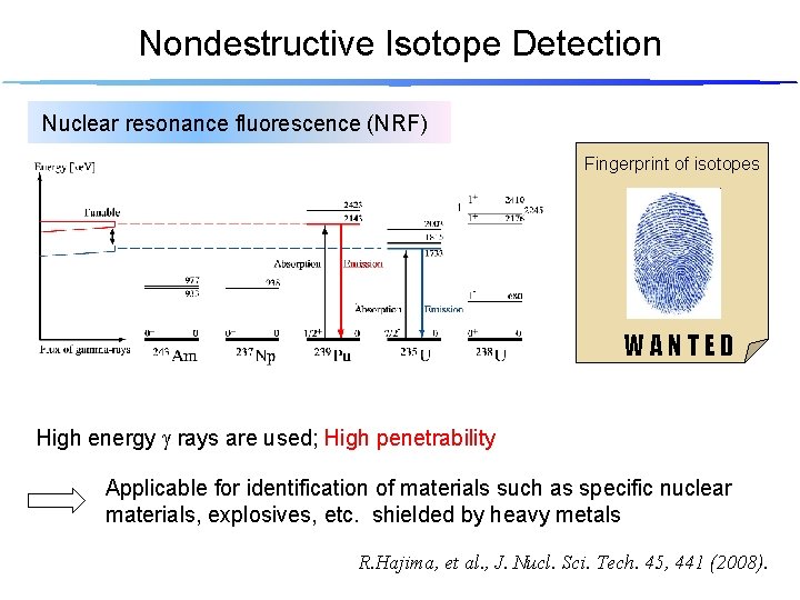 Nondestructive Isotope Detection Nuclear resonance fluorescence (NRF) Fingerprint of isotopes WANTED High energy g
