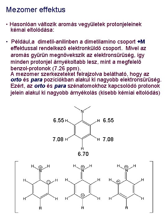 Mezomer effektus • Hasonlóan változik aromás vegyületek protonjeleinek kémai eltolódása: • Például, a dimetil-anilinben