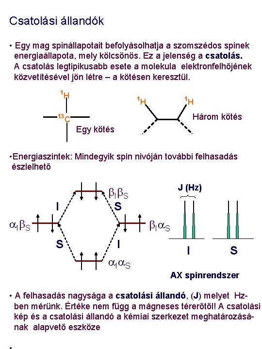 Csatolási állandók • Egy mag spinállapotait befolyásolhatja a szomszédos spinek energiaállapota, mely kölcsönös. Ez