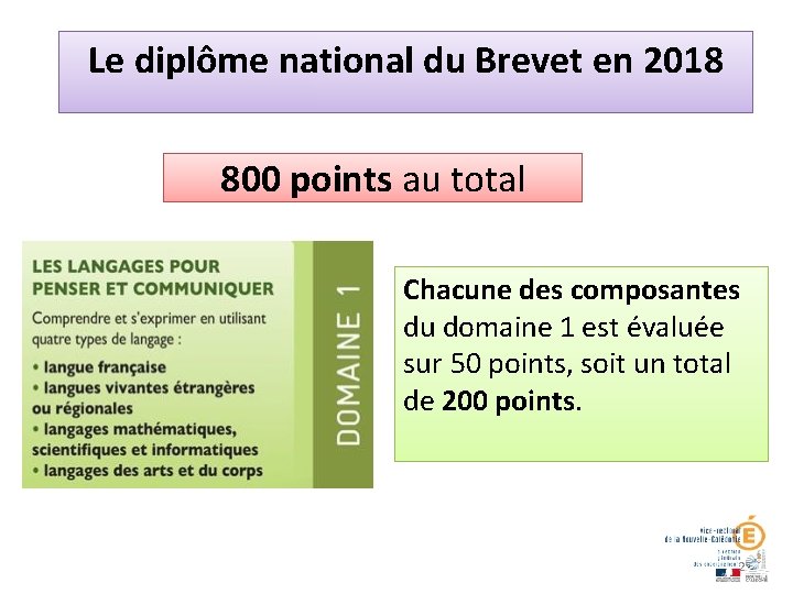 Le diplôme national du Brevet en 2018 800 points au total Chacune des composantes