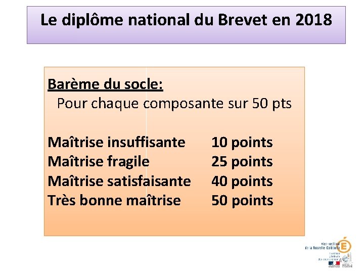 Le diplôme national du Brevet en 2018 Barème du socle: Pour chaque composante sur