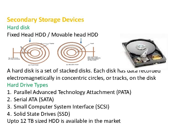 Secondary Storage Devices Hard disk Fixed Head HDD / Movable head HDD A hard