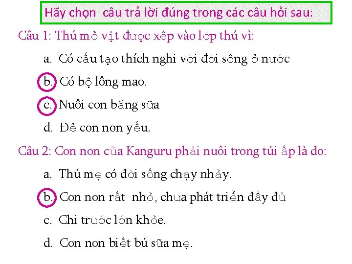 Hãy chọn câu trả lời đúng trong các câu hỏi sau: Câu 1: Thú