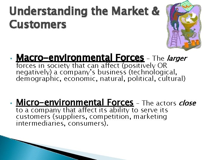 Understanding the Market & Customers • Macro-environmental Forces – The larger • Micro-environmental Forces