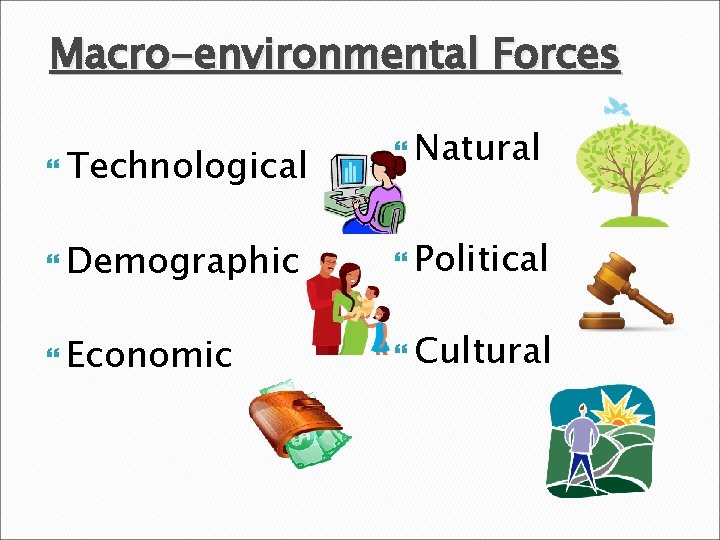 Macro-environmental Forces Technological Natural Demographic Political Economic Cultural 