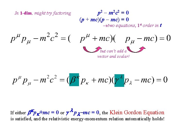 In 1 -dim, might try factoring p 2 - m 2 c 2 =