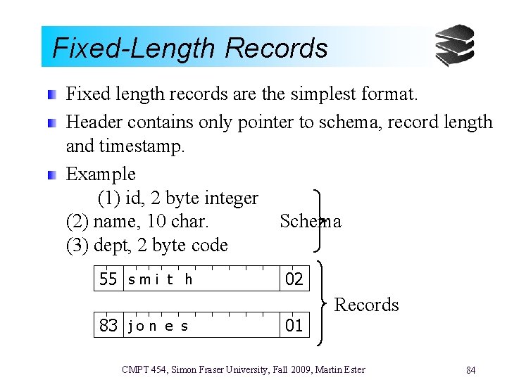 Fixed-Length Records Fixed length records are the simplest format. Header contains only pointer to