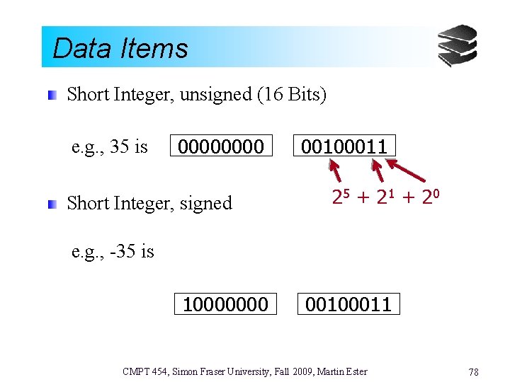 Data Items Short Integer, unsigned (16 Bits) e. g. , 35 is 0000 Short