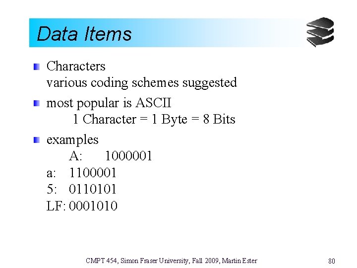 Data Items Characters various coding schemes suggested most popular is ASCII 1 Character =