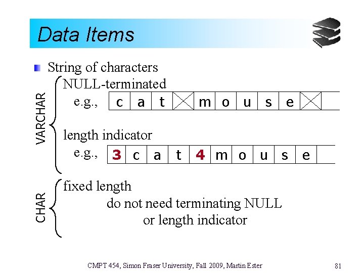 Data Items CHAR VARCHAR String of characters NULL-terminated e. g. , c a t