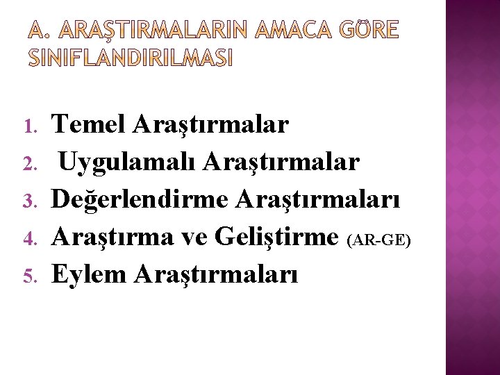 1. 2. 3. 4. 5. Temel Araştırmalar Uygulamalı Araştırmalar Değerlendirme Araştırmaları Araştırma ve Geliştirme