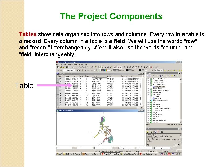 The Project Components Tables show data organized into rows and columns. Every row in