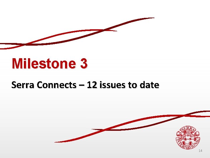 Milestone 3 Serra Connects – 12 issues to date 14 
