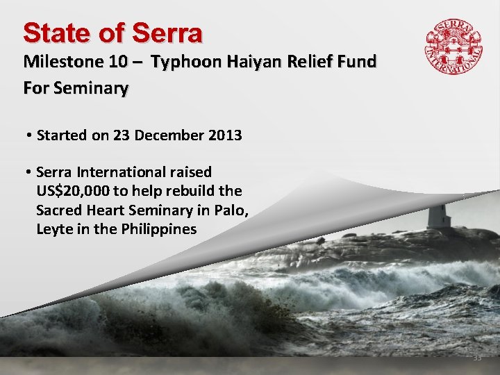 State of Serra Milestone 10 – Typhoon Haiyan Relief Fund For Seminary • Started