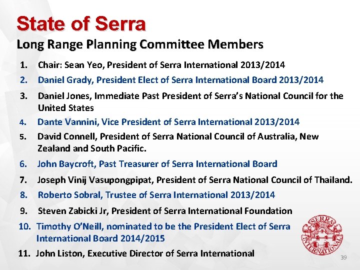 State of Serra Long Range Planning Committee Members 1. Chair: Sean Yeo, President of