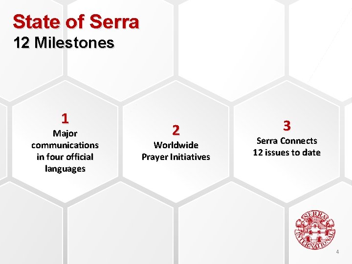 State of Serra 12 Milestones 1 Major communications in four official languages 2 Worldwide