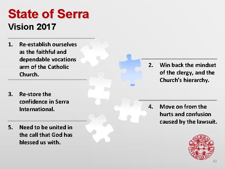 State of Serra Vision 2017 1. Re-establish ourselves as the faithful and dependable vocations