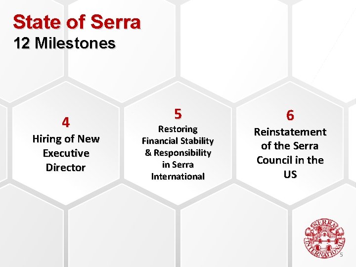 State of Serra 12 Milestones 4 Hiring of New Executive Director 5 Restoring Financial