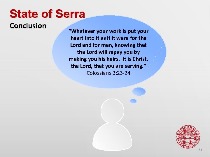 State of Serra Conclusion “Whatever your work is put your heart into it as