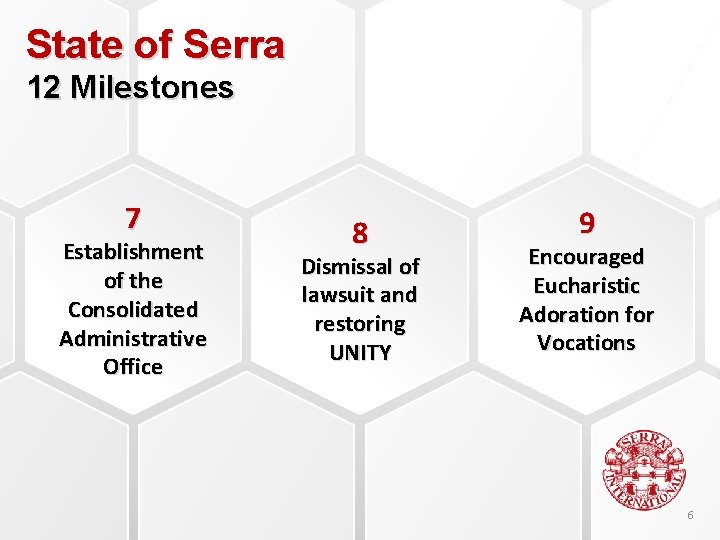 State of Serra 12 Milestones 7 Establishment of the Consolidated Administrative Office 8 Dismissal