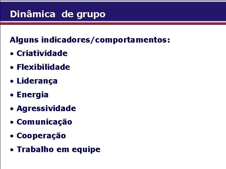 Dinâmica de grupo Alguns indicadores/comportamentos: • Criatividade • Flexibilidade • Liderança • Energia •