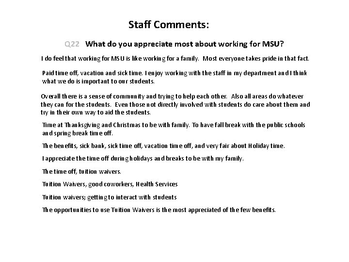 Staff Comments: Q 22 What do you appreciate most about working for MSU? I