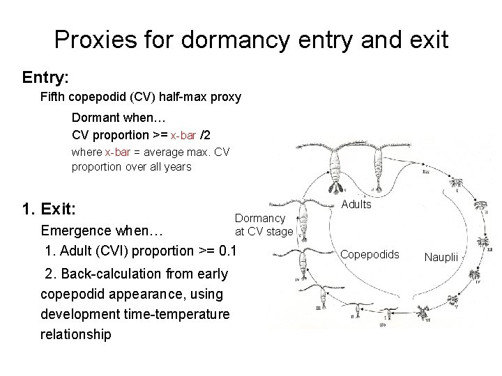 Proxies for dormancy entry and exit Entry: Fifth copepodid (CV) half-max proxy Dormant when…