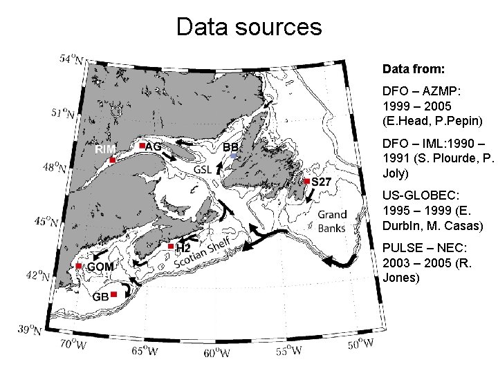 Data sources Data from: DFO – AZMP: 1999 – 2005 (E. Head, P. Pepin)